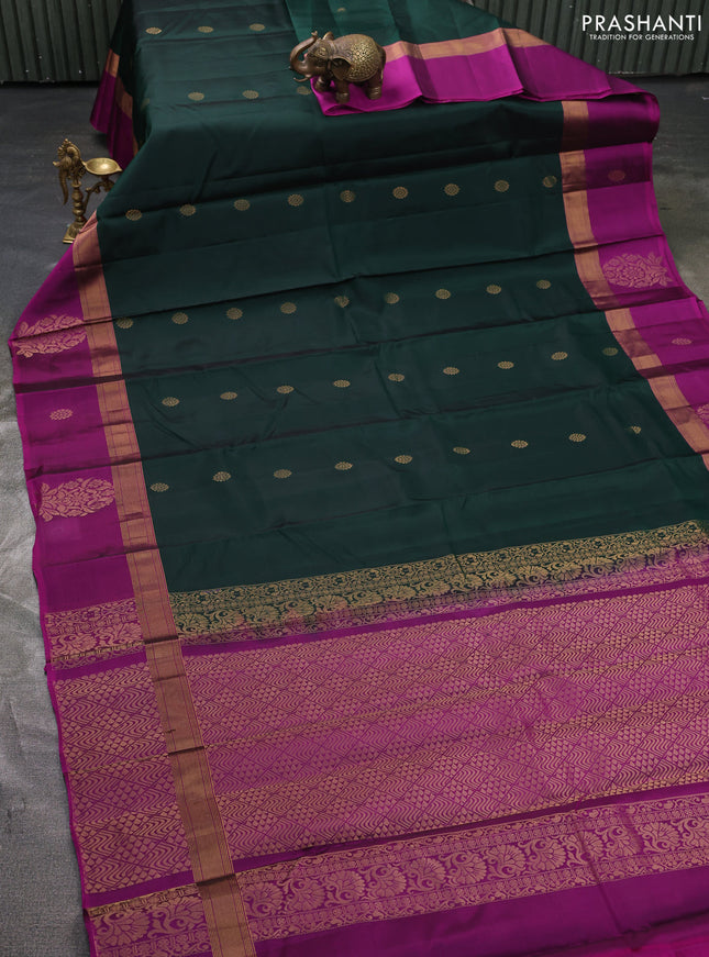 Kanchipuram silk saree bottle green and pink with zari woven buttas and zari woven butta border