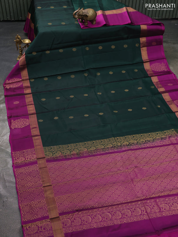 Kanchipuram silk saree bottle green and pink with zari woven buttas and zari woven butta border