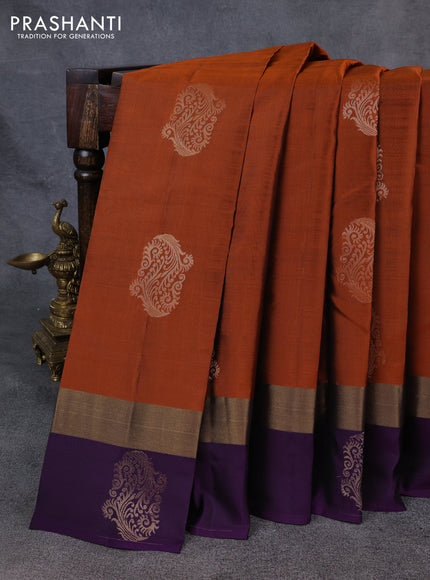 Kanchipuram silk saree rustic orange and violet with zari woven buttas and zari woven simple border