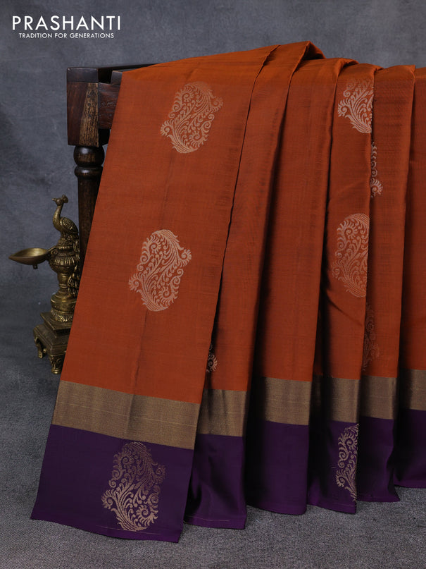 Kanchipuram silk saree rustic orange and violet with zari woven buttas and zari woven simple border