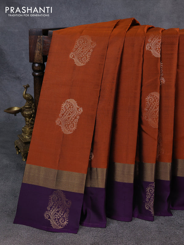 Kanchipuram silk saree rustic orange and violet with zari woven buttas and zari woven simple border