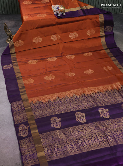 Kanchipuram silk saree rustic orange and violet with zari woven buttas and zari woven simple border