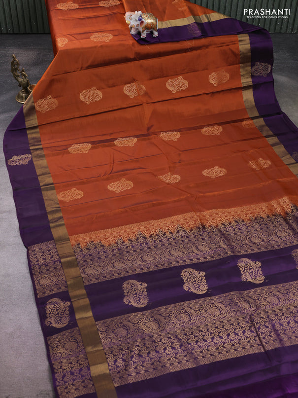 Kanchipuram silk saree rustic orange and violet with zari woven buttas and zari woven simple border
