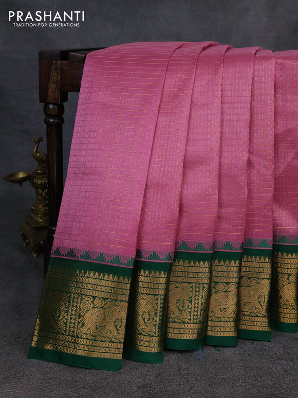 Kuppadam silk cotton saree mauve pink and green with allover laksha deepam pattern and temple design elepant zari woven border