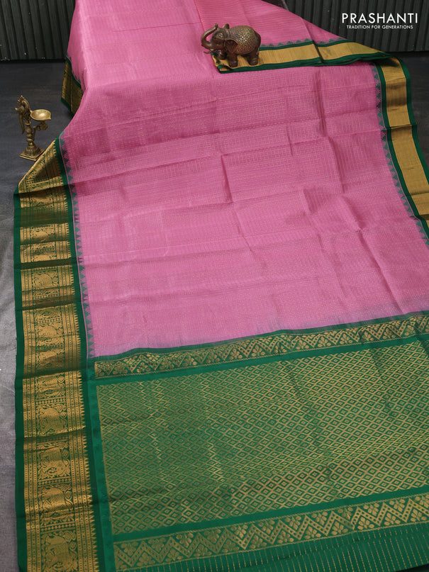 Kuppadam silk cotton saree mauve pink and green with allover laksha deepam pattern and temple design elepant zari woven border