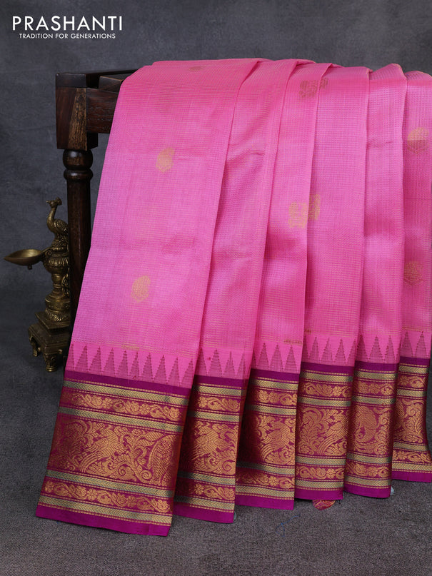 Kuppadam silk cotton saree light pink and magenta pink with allover vairaosi pattern & buttas and temple design zari woven border