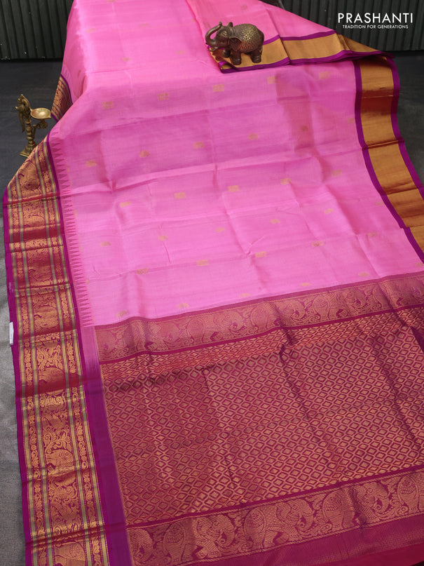 Kuppadam silk cotton saree light pink and magenta pink with allover vairaosi pattern & buttas and temple design zari woven border