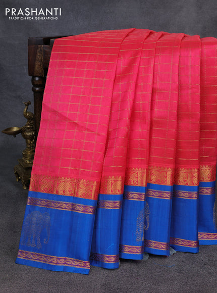 Kuppadam silk cotton saree peach pink and cs blue with allover laksha deepam pattern and temple design zari woven border