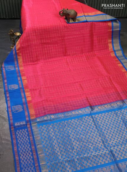 Kuppadam silk cotton saree peach pink and cs blue with allover laksha deepam pattern and temple design zari woven border