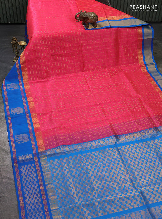 Kuppadam silk cotton saree peach pink and cs blue with allover laksha deepam pattern and temple design zari woven border