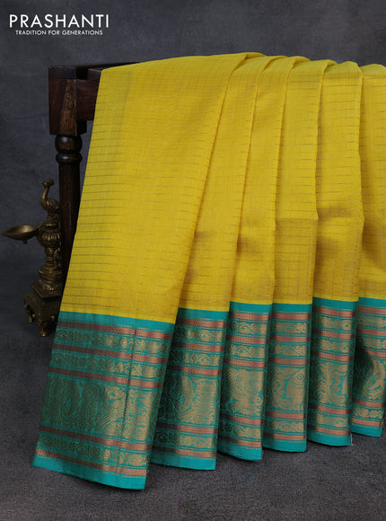 Kuppadam silk cotton saree lime yellow and teal green with allover zari checked pattern and long zari woven korvai border
