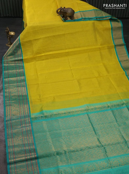 Kuppadam silk cotton saree lime yellow and teal green with allover zari checked pattern and long zari woven korvai border