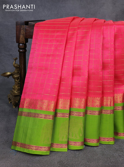 Kuppadam silk cotton saree candy pink and light green with allover zari checked pattern and rettapet zari woven buttta border