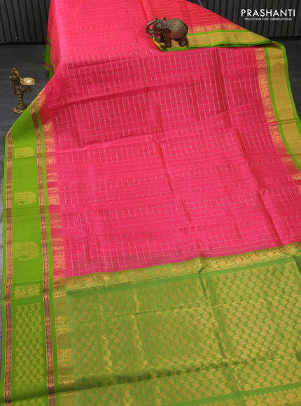 Kuppadam silk cotton saree candy pink and light green with allover zari checked pattern and rettapet zari woven buttta border