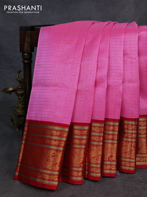Kuppadam silk cotton saree light pink and red with allover zari checked pattern and long zari woven border