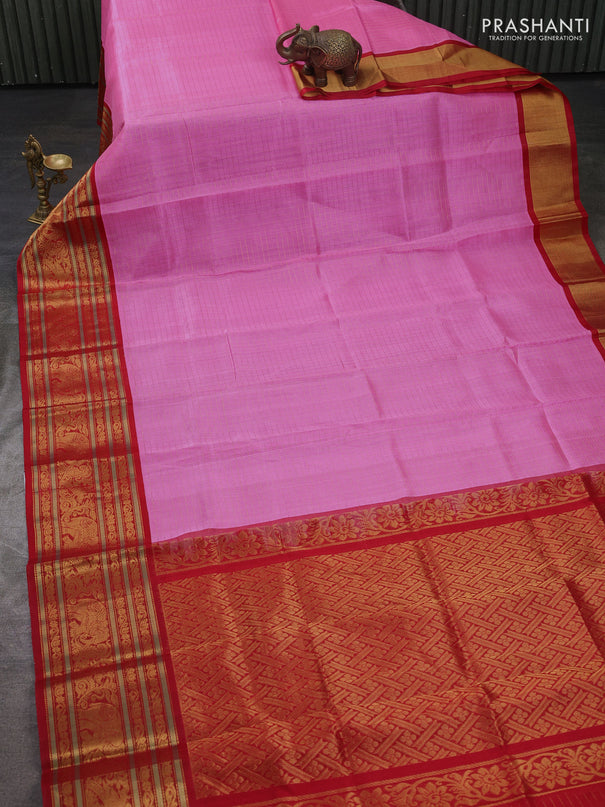 Kuppadam silk cotton saree light pink and red with allover zari checked pattern and long zari woven border