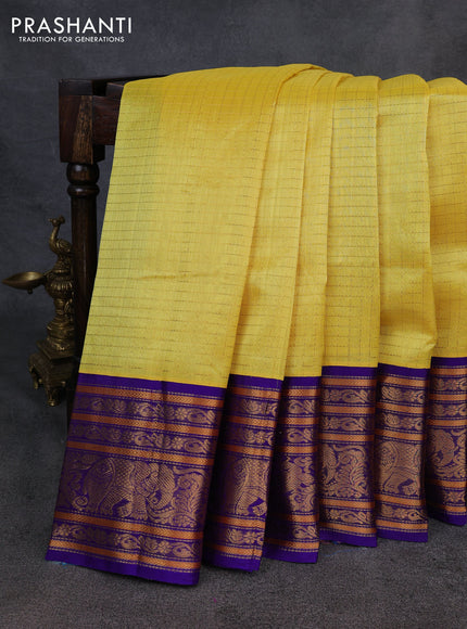 Kuppadam silk cotton saree lime yellow and royal blue with allover zari checked pattern and long zari woven border