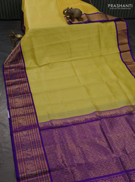 Kuppadam silk cotton saree lime yellow and royal blue with allover zari checked pattern and long zari woven border