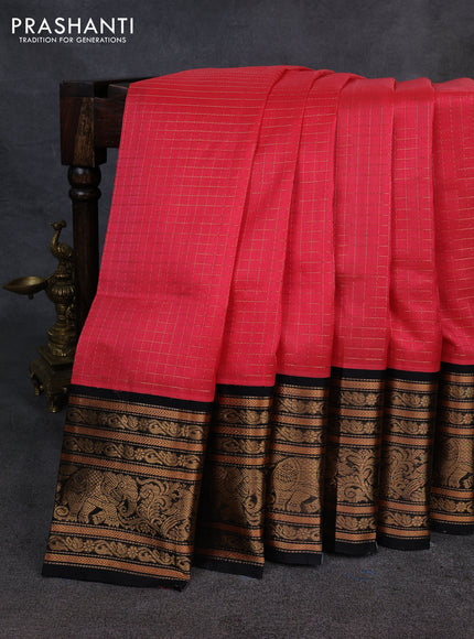 Kuppadam silk cotton saree peach pink and black with allover zari checked pattern and long zari woven border