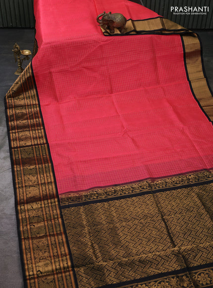 Kuppadam silk cotton saree peach pink and black with allover zari checked pattern and long zari woven border