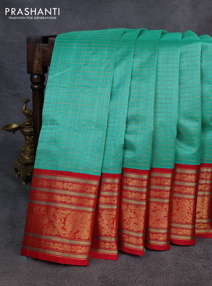 Kuppadam silk cotton saree teal green and red with allover zari checked pattern and long zari woven korvai border