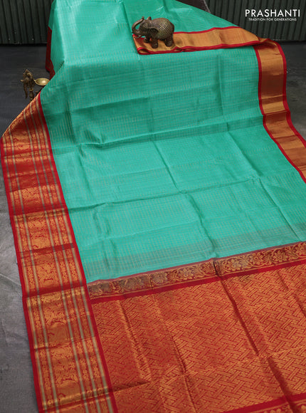 Kuppadam silk cotton saree teal green and red with allover zari checked pattern and long zari woven korvai border
