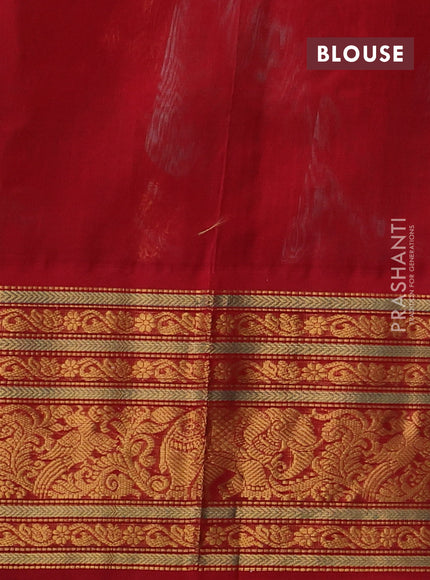 Kuppadam silk cotton saree teal green and red with allover zari checked pattern and long zari woven korvai border