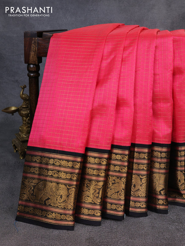 Kuppadam silk cotton saree candy pink and black with allover zari checked pattern and long zari woven korvai border