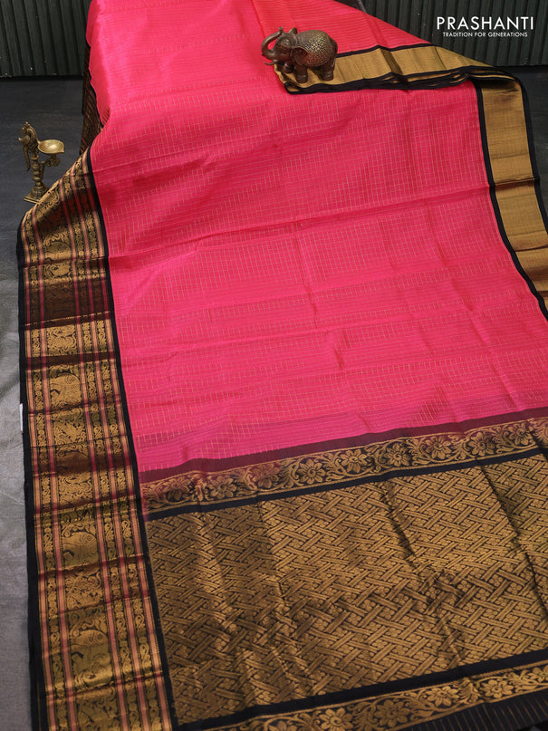 Kuppadam silk cotton saree candy pink and black with allover zari checked pattern and long zari woven korvai border