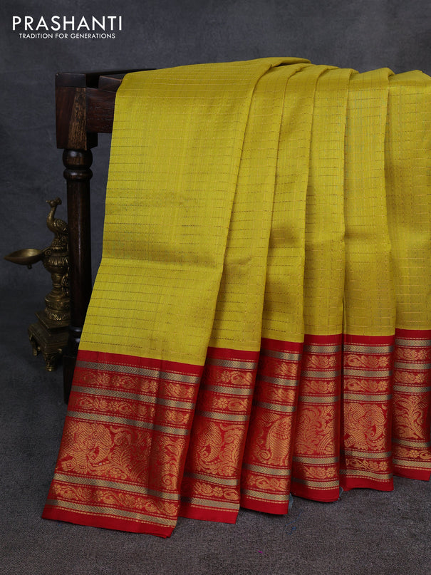 Kuppadam silk cotton saree lime green and red with allover zari checked pattern and long zari woven korvai border