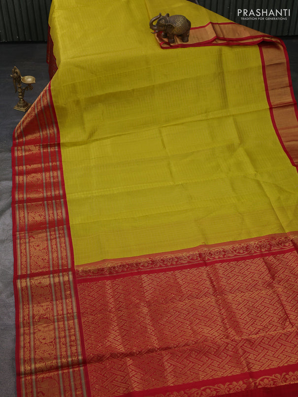 Kuppadam silk cotton saree lime green and red with allover zari checked pattern and long zari woven korvai border