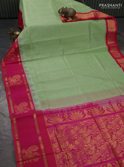 Kuppadam silk cotton saree pista green and pink with allover thread checked pattern and temple design rettapet zari woven butta border