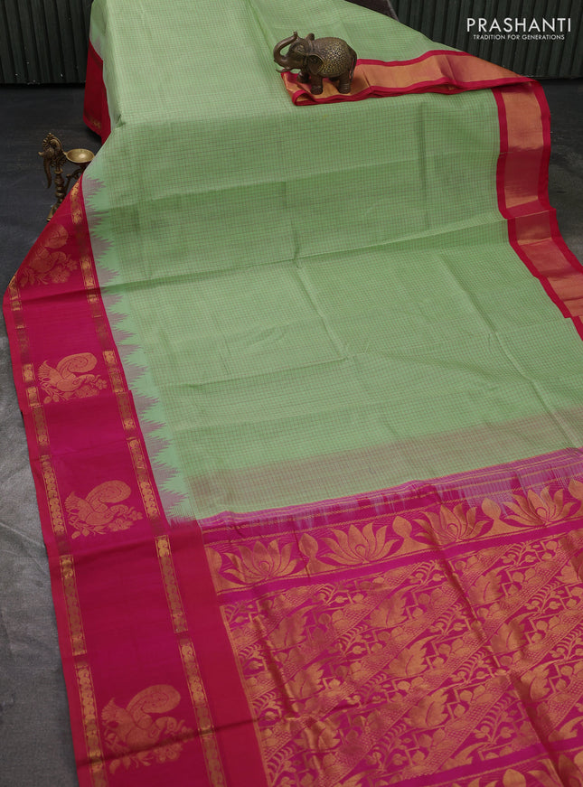 Kuppadam silk cotton saree pista green and pink with allover thread checked pattern and temple design rettapet zari woven butta border