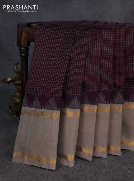 Kuppadam silk cotton saree deep wine and beige with allover small thread checked pattern and temple design rettapet zari woven butta border