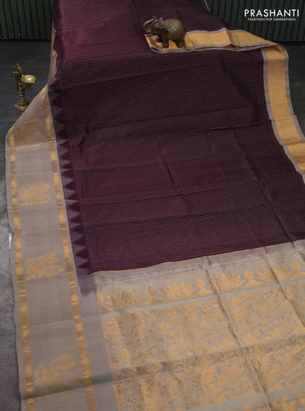 Kuppadam silk cotton saree deep wine and beige with allover small thread checked pattern and temple design rettapet zari woven butta border
