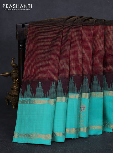 Kuppadam silk cotton saree deep maroon and teal green with allover small zari checked pattern and temple design rettapet zari woven butta border