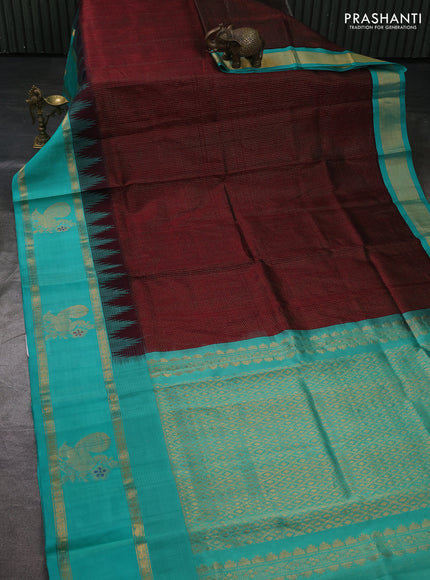 Kuppadam silk cotton saree deep maroon and teal green with allover small zari checked pattern and temple design rettapet zari woven butta border