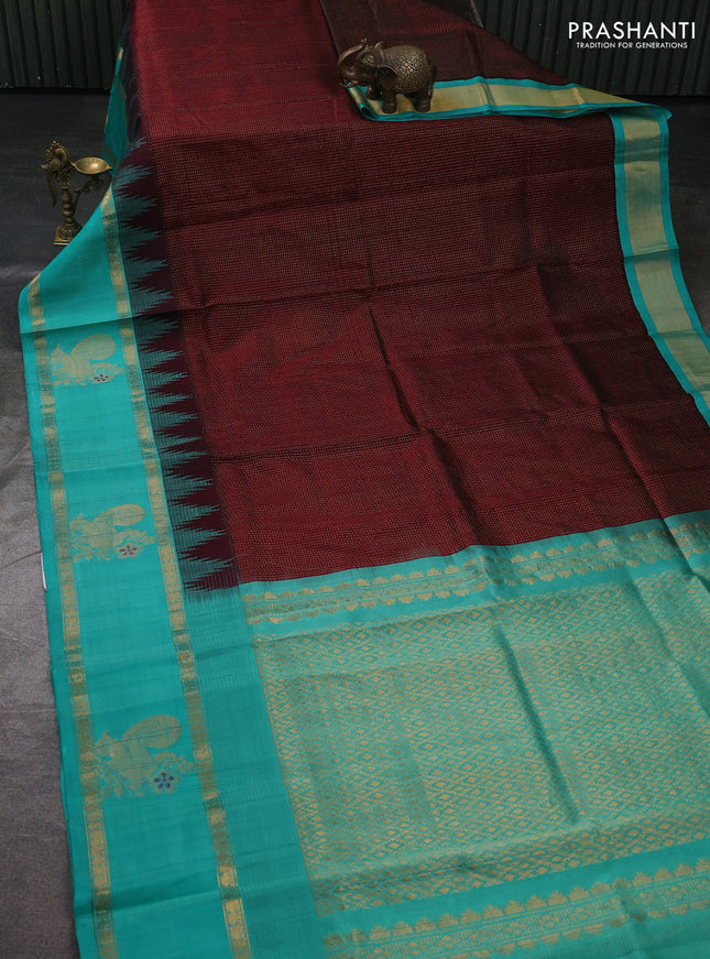Kuppadam silk cotton saree deep maroon and teal green with allover small zari checked pattern and temple design rettapet zari woven butta border