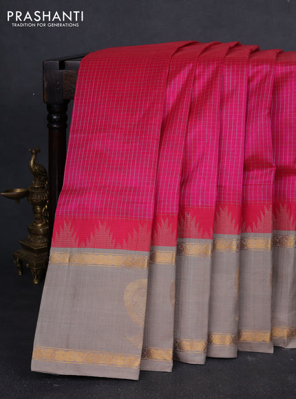 Kuppadam silk cotton saree peach pink and beige with allover small thread checked pattern and temple design rettapet zari woven butta border