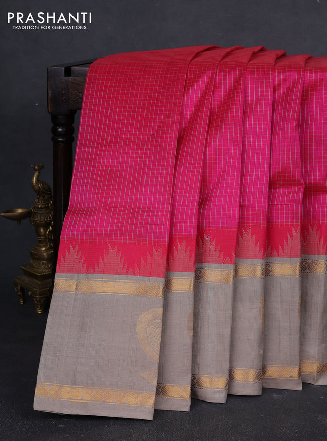 Kuppadam silk cotton saree peach pink and beige with allover small thread checked pattern and temple design rettapet zari woven butta border