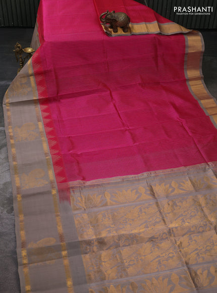 Kuppadam silk cotton saree peach pink and beige with allover small thread checked pattern and temple design rettapet zari woven butta border