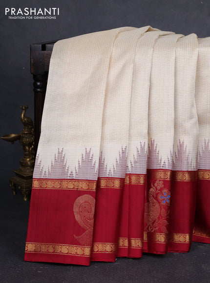 Kuppadam silk cotton saree off white and maroon with allover small zari checked pattern and temple design rettapet zari woven butta border