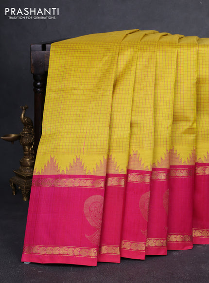 Kuppadam silk cotton saree lime green and pink with allover small zari checked pattern and temple design rettapet zari woven butta border