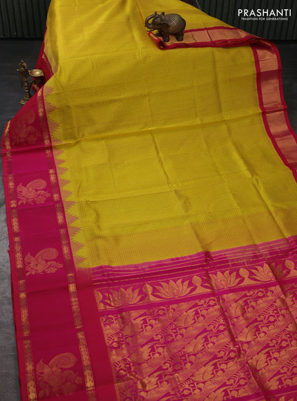 Kuppadam silk cotton saree lime green and pink with allover small zari checked pattern and temple design rettapet zari woven butta border
