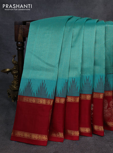 Kuppadam silk cotton saree teal green and maroon with allover small zari checked pattern and rettapet zari woven butta border