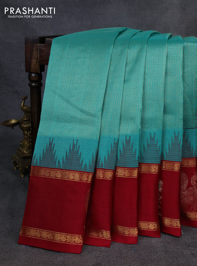 Kuppadam silk cotton saree teal green and maroon with allover small zari checked pattern and rettapet zari woven butta border