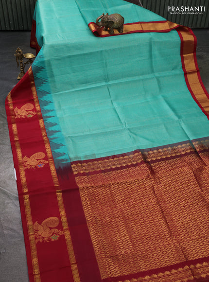 Kuppadam silk cotton saree teal green and maroon with allover small zari checked pattern and rettapet zari woven butta border