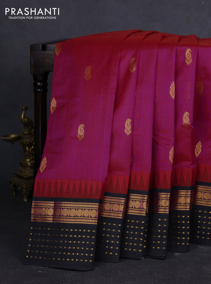 Kuppadam silk cotton saree pink and black with zari woven buttas and temple design zari woven butta border