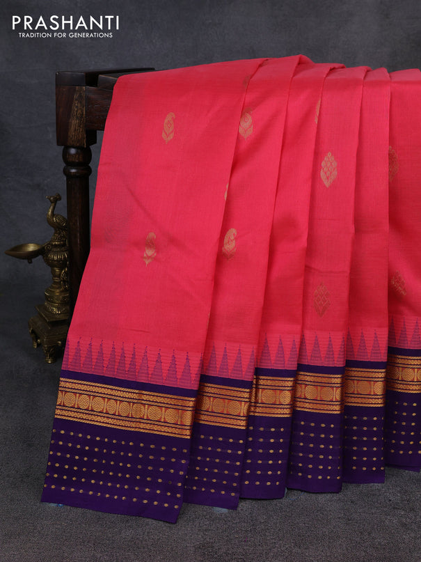 Kuppadam silk cotton saree peach pink and violet with zari woven buttas and temple design zari woven simple border