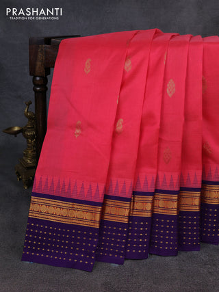 Kuppadam silk cotton saree peach pink and violet with zari woven buttas and temple design zari woven simple border